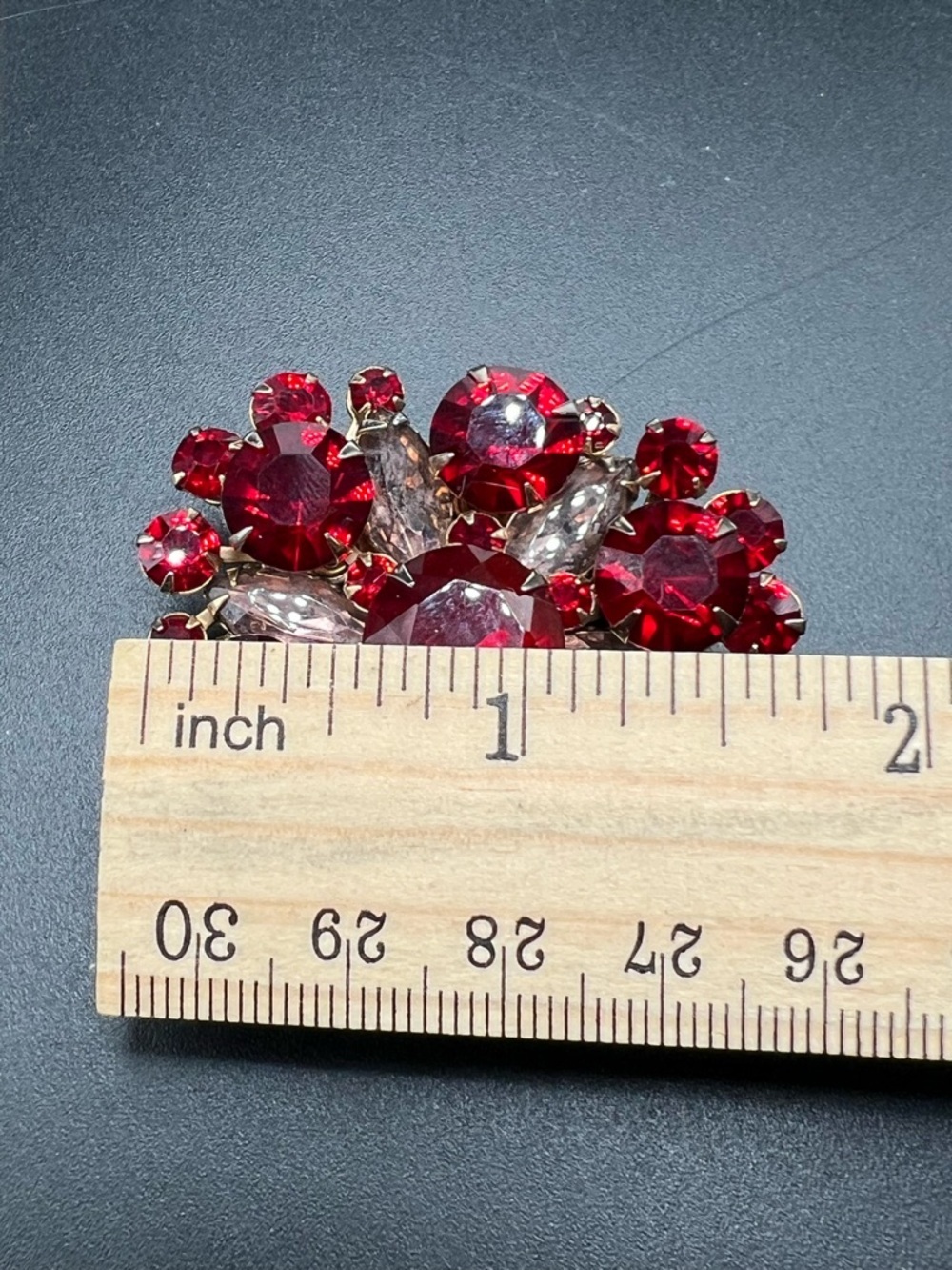 Vintage Red Rhinestone Smoky Marquis Brooch Gold Tone Mid Century Statement Pin - Picture 4 of 6